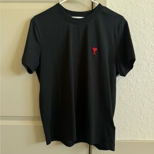 Ami Paris Black T-Shirt with Red Heart Embroidery